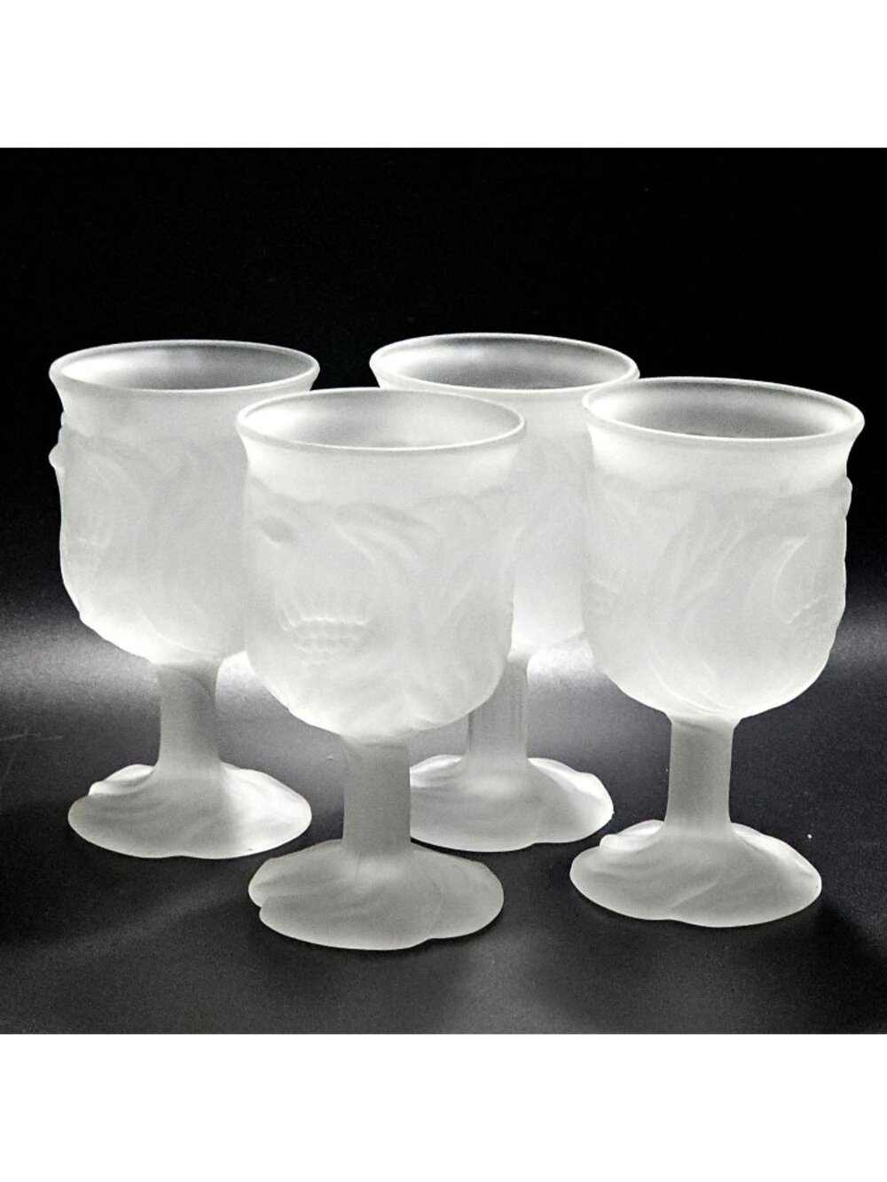 4 Avon Floral Frosted Glass Goblet 6" iced drink vintage1980s embossed textured